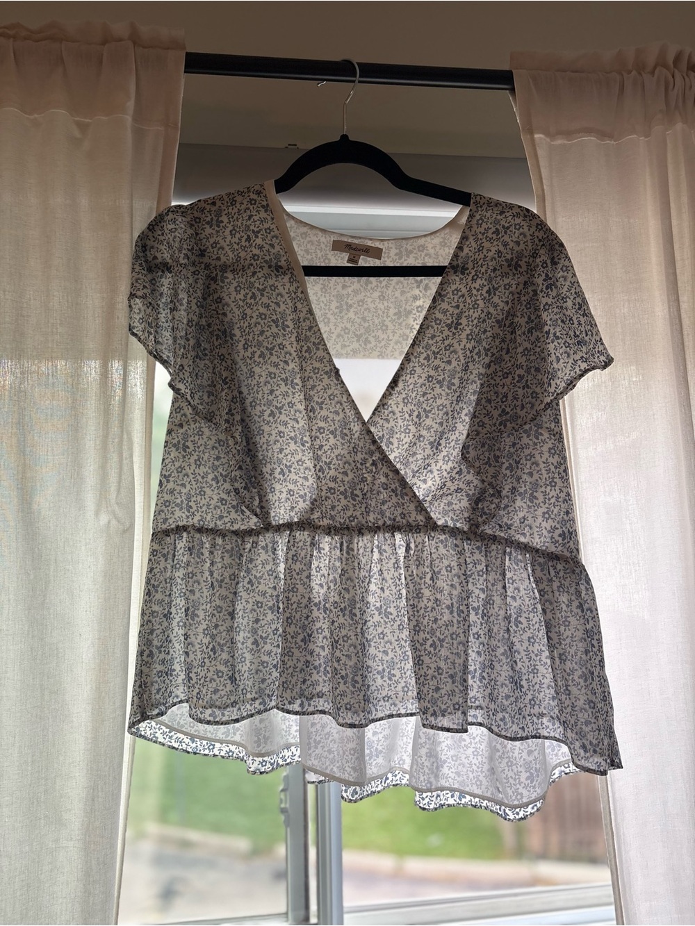 Madewell Floral Peplum Blouse - Light Gray and Blue